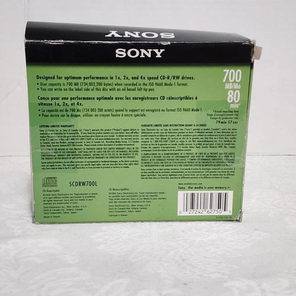New Sony CD - RW 4 Blank Discs 700MB 80Min Rewritable 5CDRW700L‎